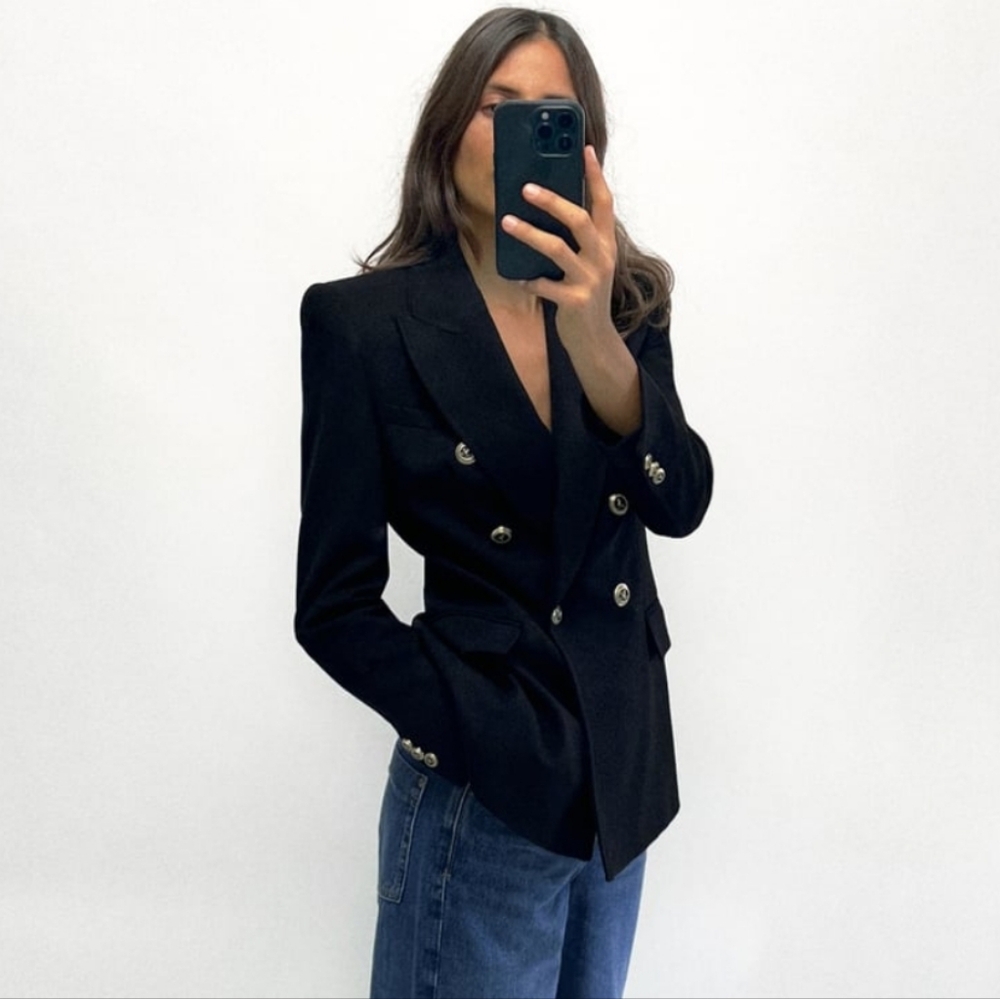 ZARA womens Blac Textured Double breasted Bleazer Jacket Tweed Weave